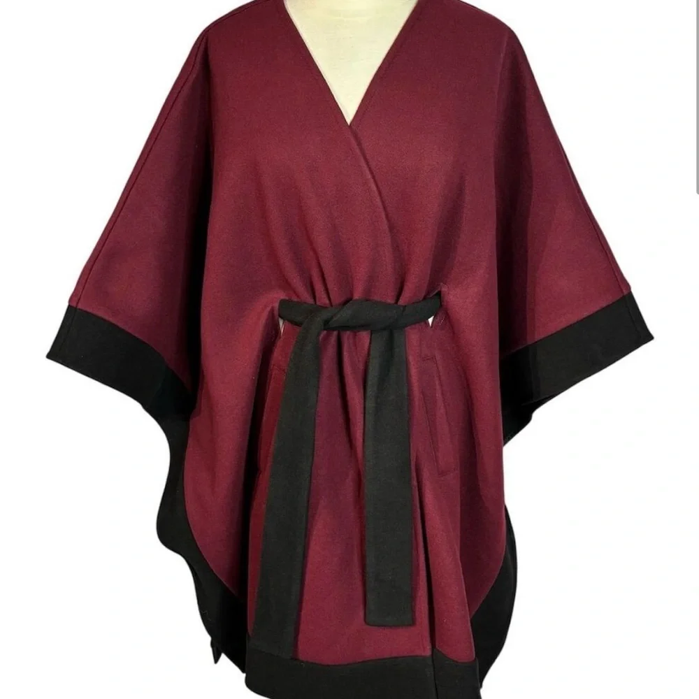 NWT Express Elegant Burgundy and Black Women's Warm Wrap Front Cape Coat M/L